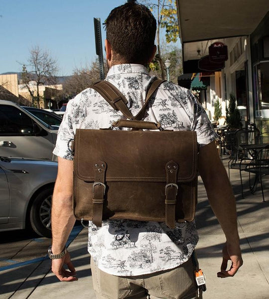 back view of the handcrafted distressed leather laptop briefcase by Serbags