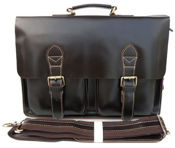 Urban Chic Dark Brown Convertible Organizer Leather Laptop Briefcase for Men with Adjustable Strap
