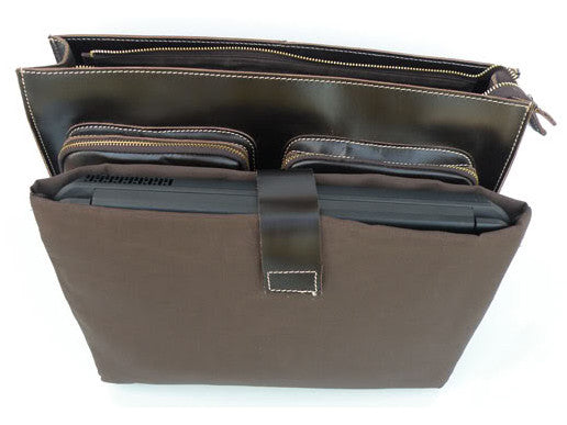 Urban Chic Dark Brown Convertible Organizer Leather Laptop Briefcase for Men with Adjustable Strap