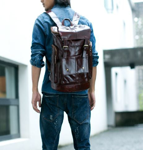 Fine Leather Multi-Pocket Travel Backpack