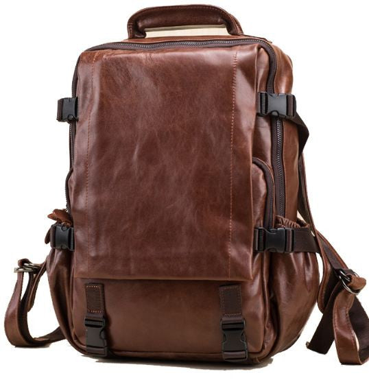 Brown Leather Computer Backpack With Many Pockets