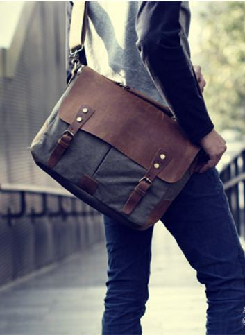 Vintage Style Canvas Leather Flap-over Messenger Bag with Brass Accents