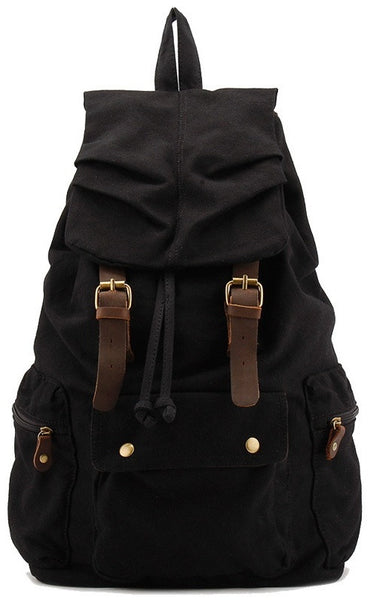 Military Canvas Leather Hiking Travel Rucksack Backpack