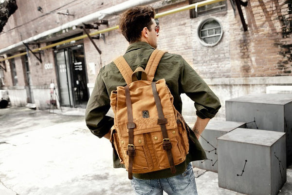 Heavy Duty Multi-Pocket Canvas & Leather Durable School Backpack - 14