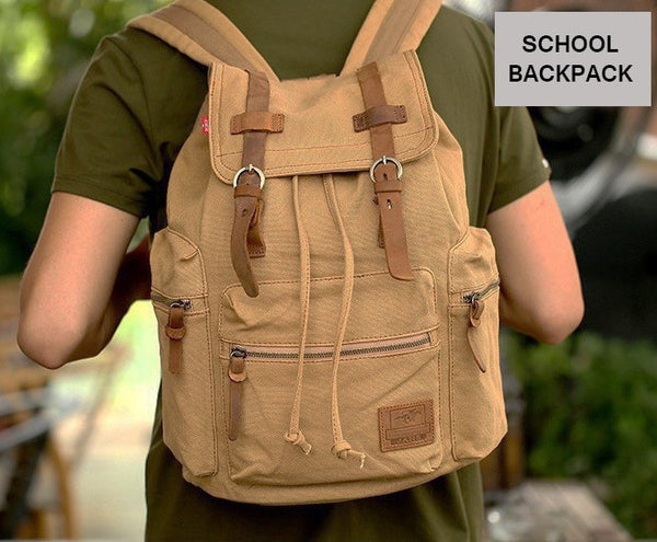 man wearing light brown canvas school backpack by Serbags 2