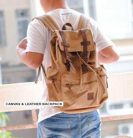 white shirt and light brown canvas school backpack by Serbags