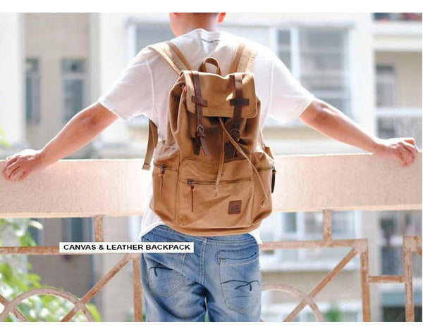 white shirt and light brown canvas school backpack by Serbags 2