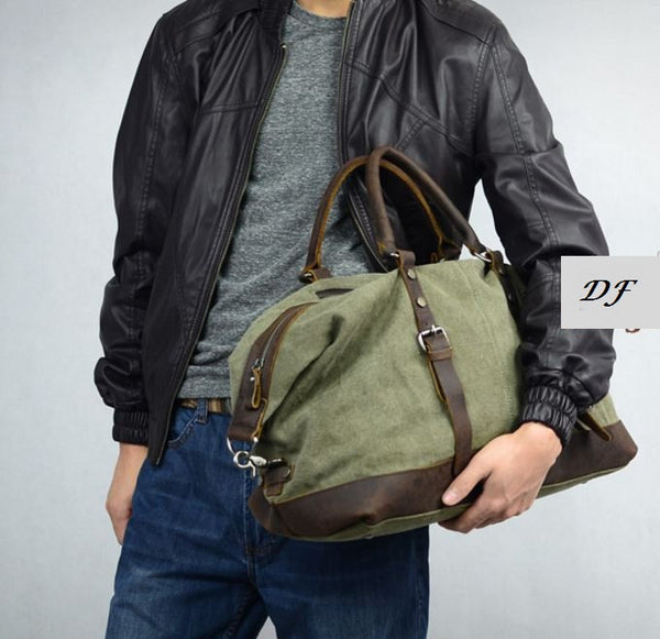 Men's Leather & Canvas Duffle Bag Vintage for Luggage, Travel, Weekender - Army Green