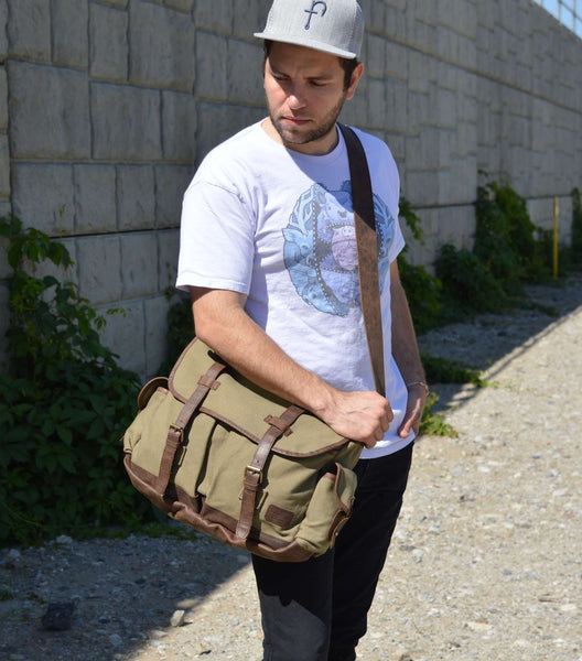 Premium Quality Canvas & Leather Messenger Bag with Thick Leather Handle