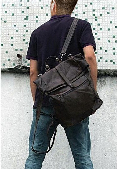 Convertible Selvaggio Genuine Dark Gray Italian Leather Rucksack with Deatacheable Shoulder Straps