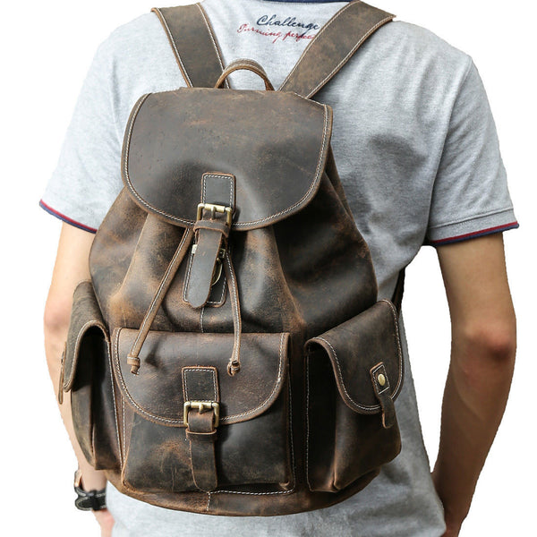 Rugged Genuine Leather Vintage Rucksack with Multi-Pockets and Double Shoulder Straps