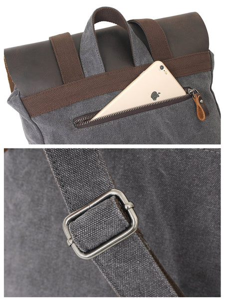 Adjustable Shoulder Straps Vintage Canvas & Leather Backpack with Double Magnetic Flap Snaps