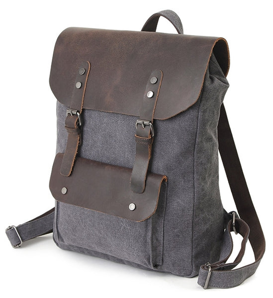 Adjustable Shoulder Straps Vintage Canvas & Leather Backpack with Double Magnetic Flap Snaps