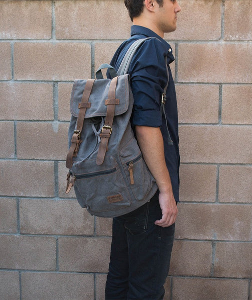 Gray Casual Vintage School Hiking Canvas Backpack by Serbags