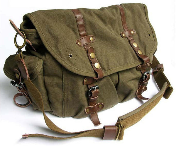 Stylish Vintage Green Canvas Messenger Bag with Large Pockets