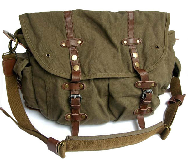 Stylish Vintage Green Canvas Messenger Bag with Large Pockets