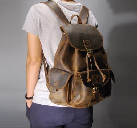 Rugged Genuine Leather Vintage Rucksack with Multi-Pockets and Double Shoulder Straps