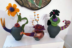 Three Ceramic Teapots with Wet Felted Floral Fantasy Stoppers on Top by Ellen Silberlicht