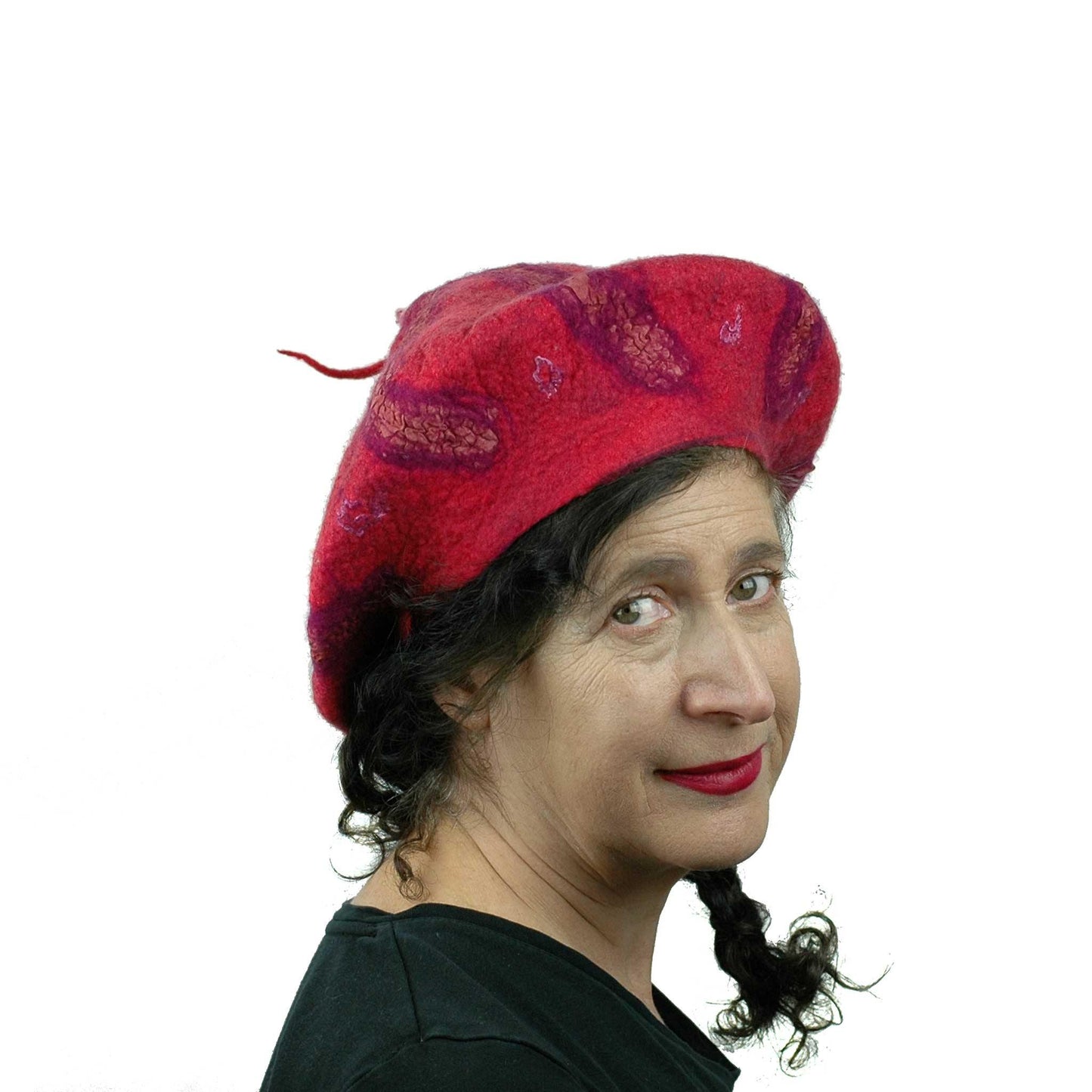 Nunofelted Raspberry Beret with Corkscrew - threequarters view