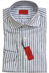 Isaia Shirt White Navy Green Stripes