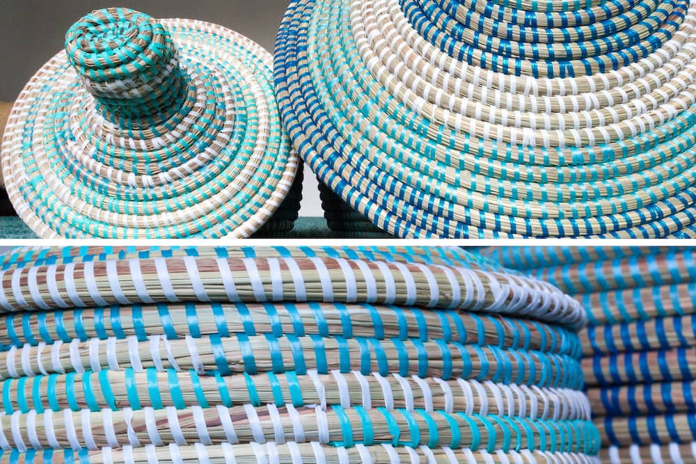 blue and white natural raffia baskets