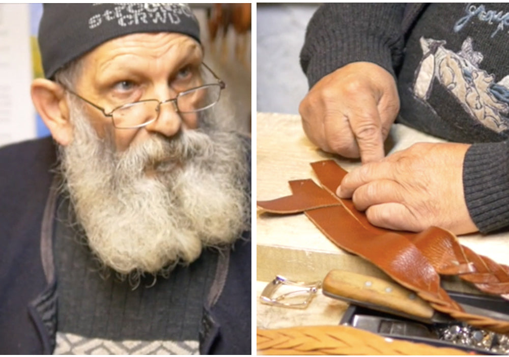 picture of an artisan confectioning a piece with leather