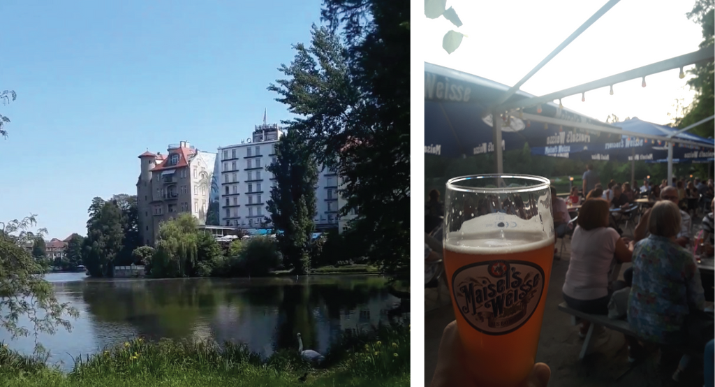 Hotel Seehof and a pint of beer held up in front of a festival