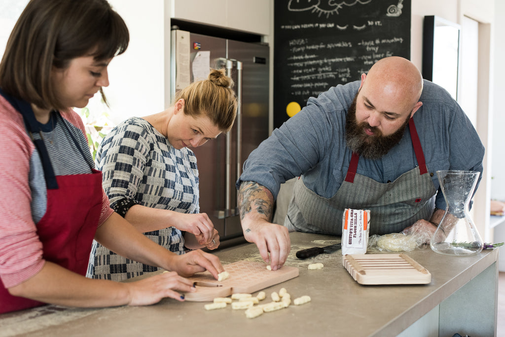 Jeni Britton Bauer, Ellen Bennett, Evan Funke making fresh pasta moves