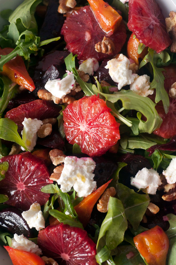 Blood Orange and beet saladwith toasted walnuts, goat cheese and blood orange vinaigrette - flour, too joanne chang
