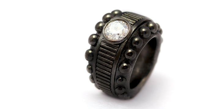 texture silver or gold ring with white Cubic Zirconia stone for bikers