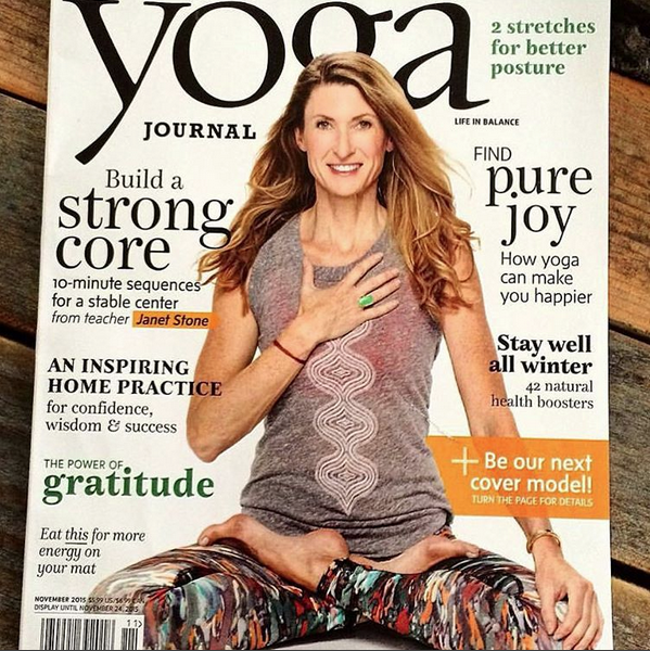 Yoga Teacher Janet Stone wears Bahgsu Jewels on the cover of Yoga Jour