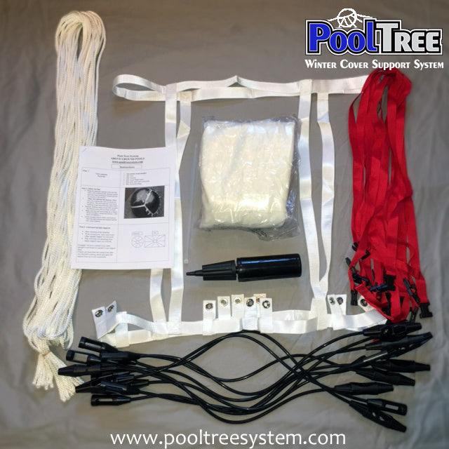 Pooltree system, pool tree system, winter cover system, aboveground pools, above ground pool, pool pillow, pool cover, mesh cover, pool closing, pool winterization, support system, swimming pool, winter pool cover, winterizing, air pillow, pool accessory, round pool, cover pillow, pool equipment, swimline, in the swim, pool mate, pillow pal, swim central, porous cover, pool pump, pool winter cover, pool cover support, round pool cover, round winter cover, pool closing kit