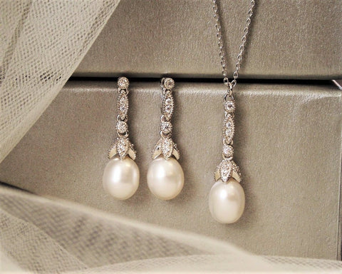 Beverly Freshwater Pearl Pendant & Earring Silver Wedding Set