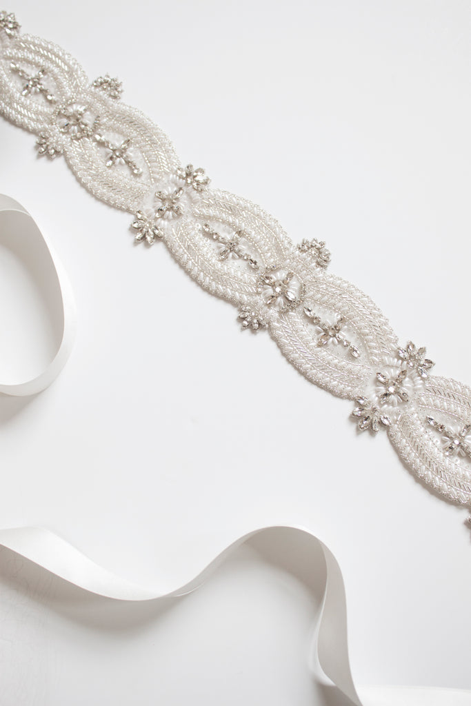 Emmy London Angelina Bridal Belt With Crystal and Pearl Embellishments 
