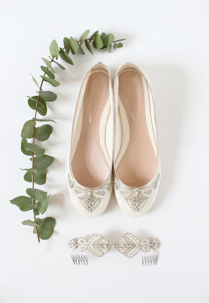 Emmy London Carrie Flat Bridal Shoes and Ophelia Wedding Hair Comb 
