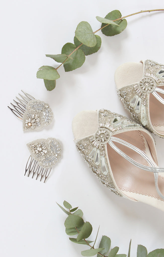 Emmy London Cinderella Shoes and Aurelia Leaves Bridal Hair Combs 