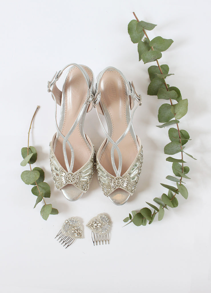 Emmy London Ella Silver Kitten Heel Sandal Shoes and Aurelia Leaves Hair Combs Perfect for Summer Brides