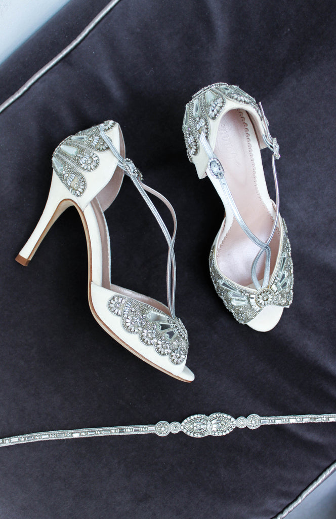 Cinderella Bridal Shoes and Teardrop Wedding Belt by Emmy London 