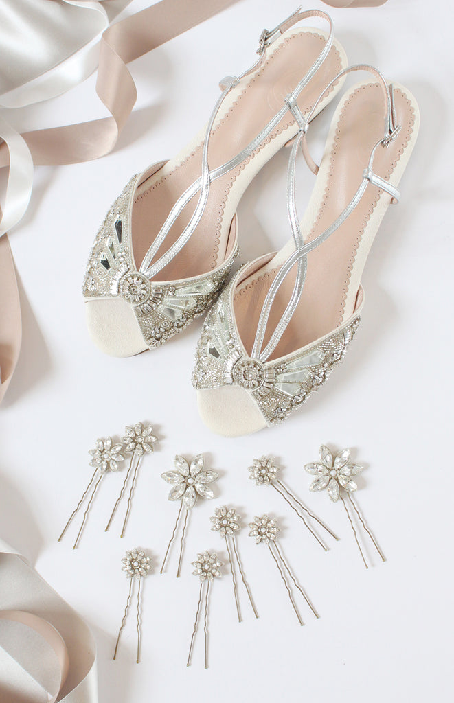 Jude Silver Flat Bridal Sandals and Crystal Daisy Pins Wedding Hair Accessories from Emmy London