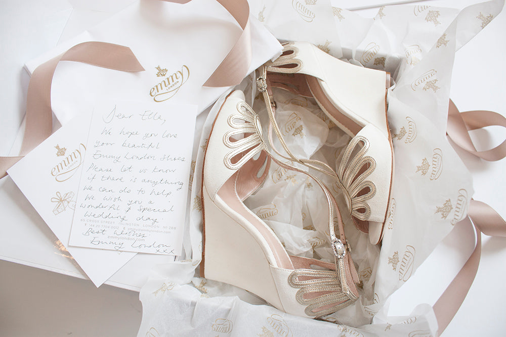 Emmy London Delivery Leila Wedge Bridal Shoes Shipping Info