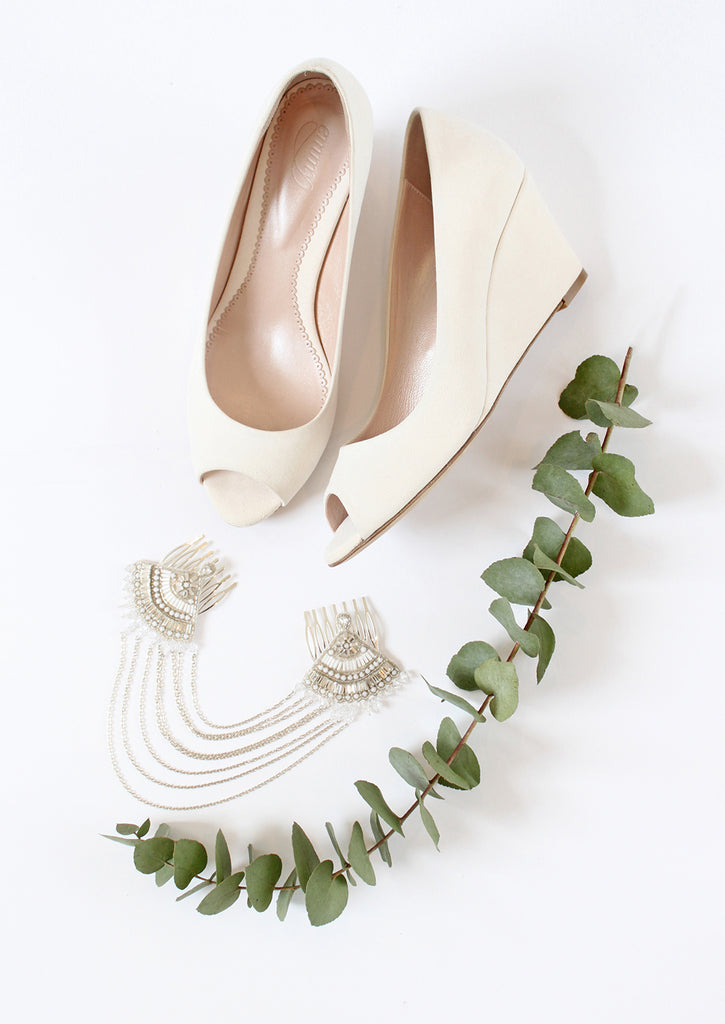 Lucy Wedge Bridal Shoes and Double Fan Drape Bridal Hair Accessory by Emmy London