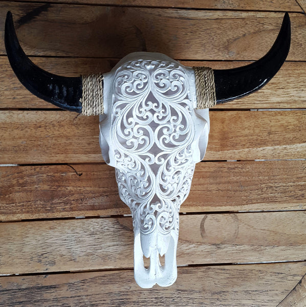 Faux Hand Carved Tribal Buffalo Skull with long horns made with –