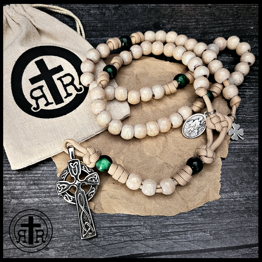 Includes Saint Patrick Holy Card with Irish Blessing Irish Celtic Paracord Rosary Large and Heavy Rugged Durable Rosary for Men with 8mm Silver Metal Beads 2 Celtic Cross and Printed Drawstring Bag