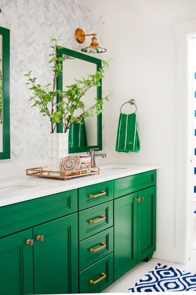 Green Vanity and Mirrors Add a Pop of Greenery in the Bathroom