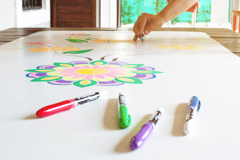 Drawing of a Mandala on a white personalised DIYogi yoga mat using Sharpie markers and stencils.