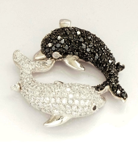 DIJE DE PLATA 925 DELFIN Y CZ BLANCAS Y NEGRAS