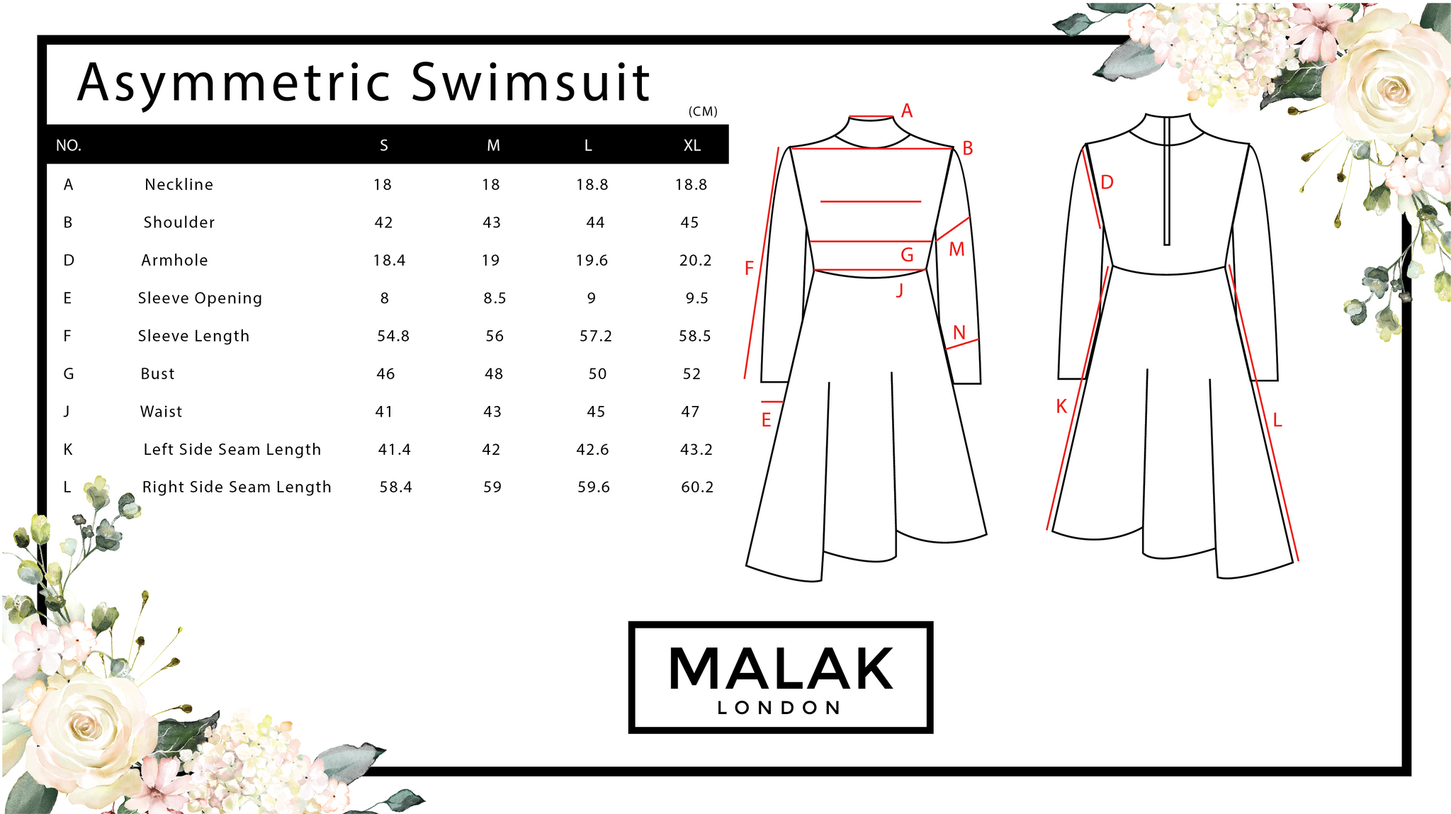 Malak London Asymmetric Modest Swimsuit Size Chart