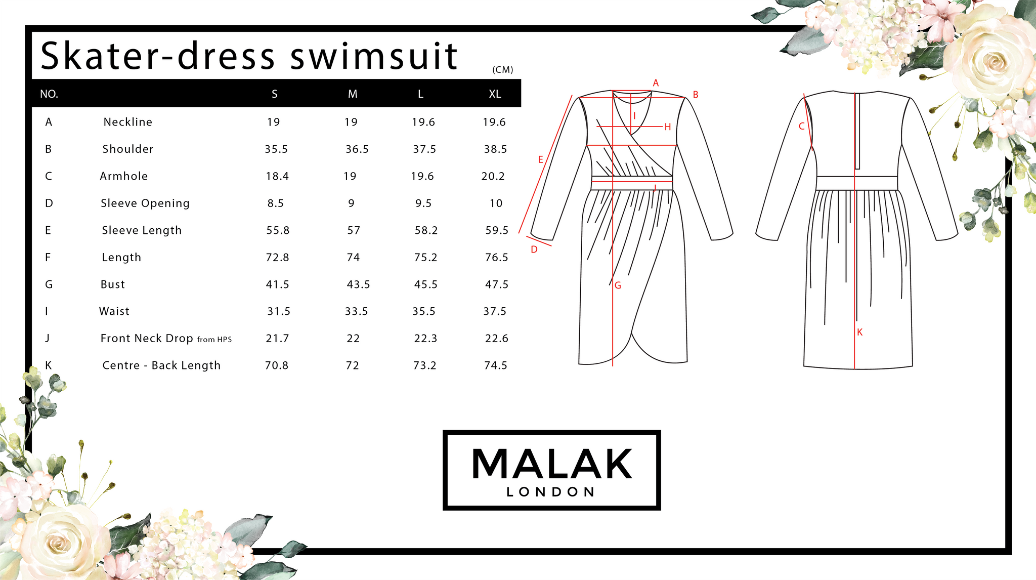 Malak London Skater-Dress Modest Swimsuit Size Chart