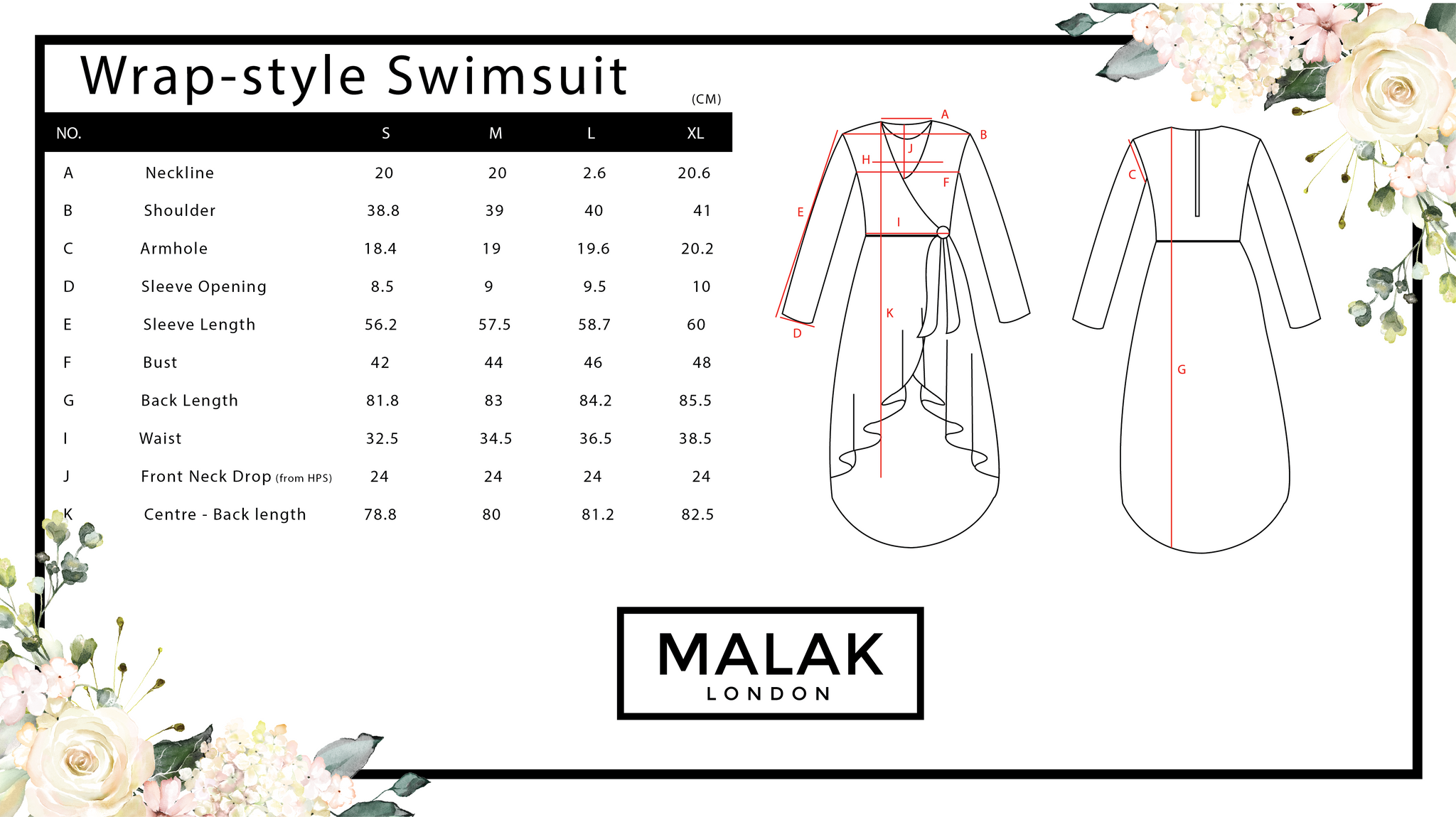 Malak London Wrap Style Modest Swimsuit Size Chart
