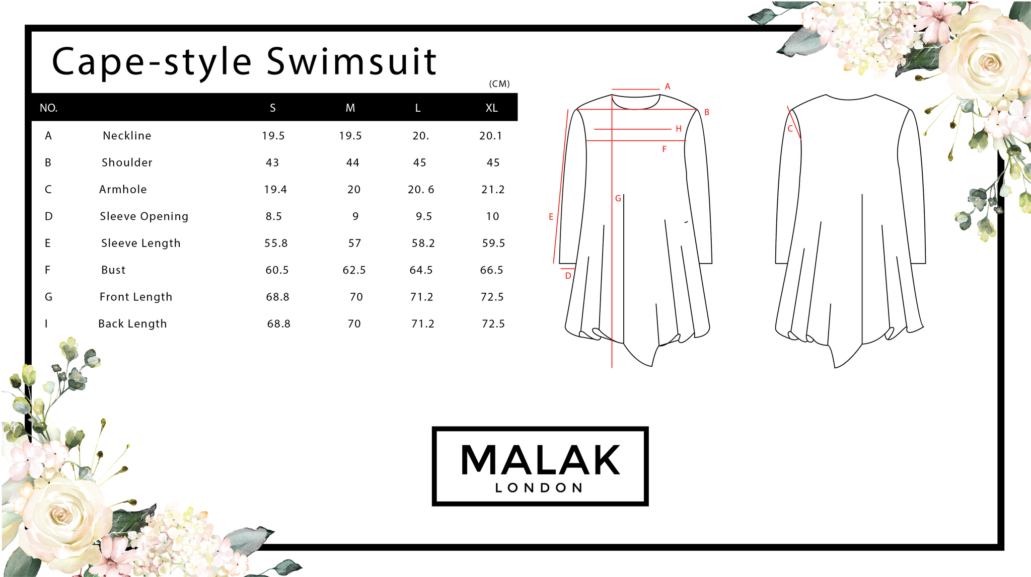 Malak London Cape Modest Swimsuit Size Chart